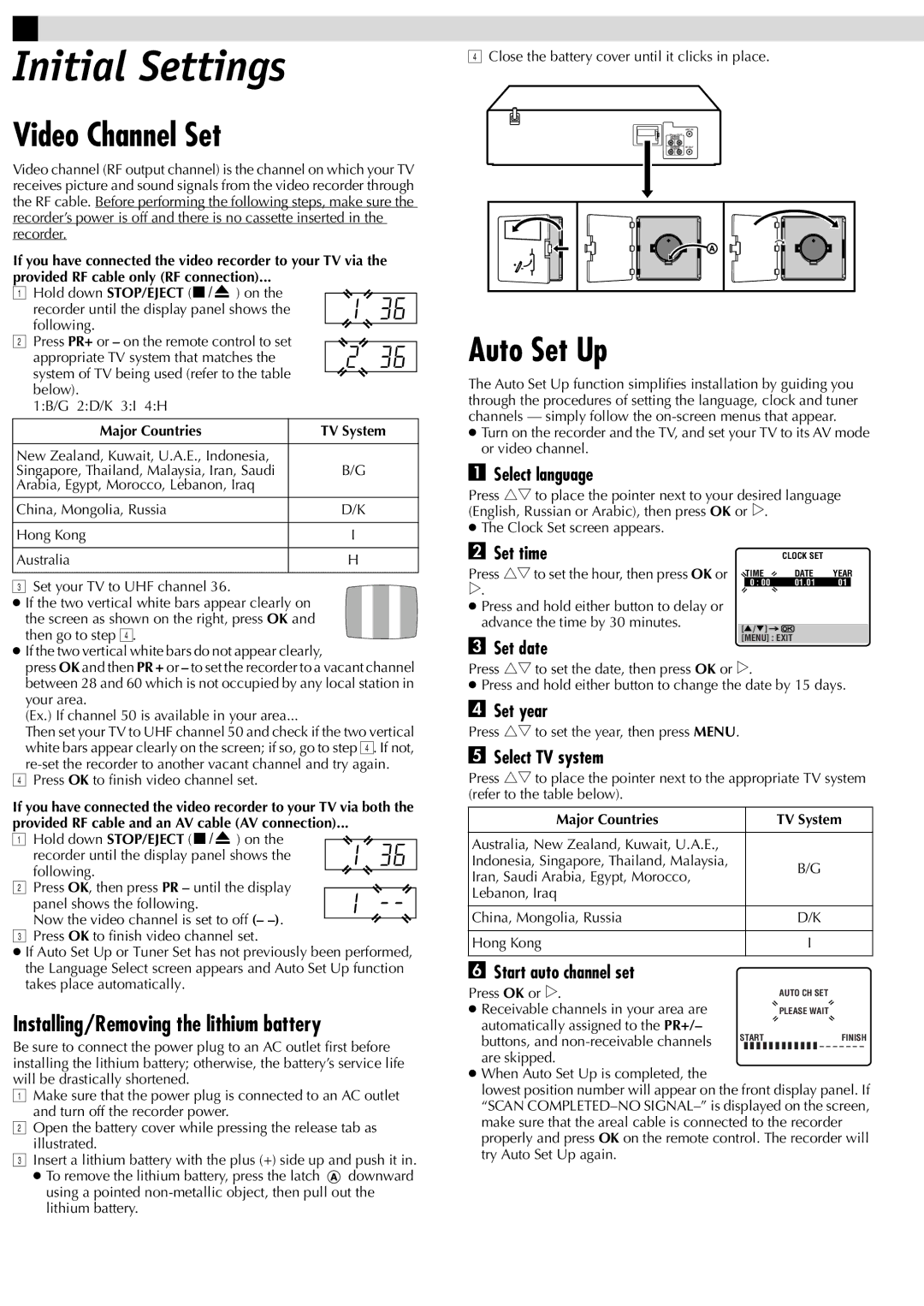 JVC HR-J381EM, HR-J387EM manual Initial Settings, Video Channel Set, Auto Set Up, Installing/Removing the lithium battery 