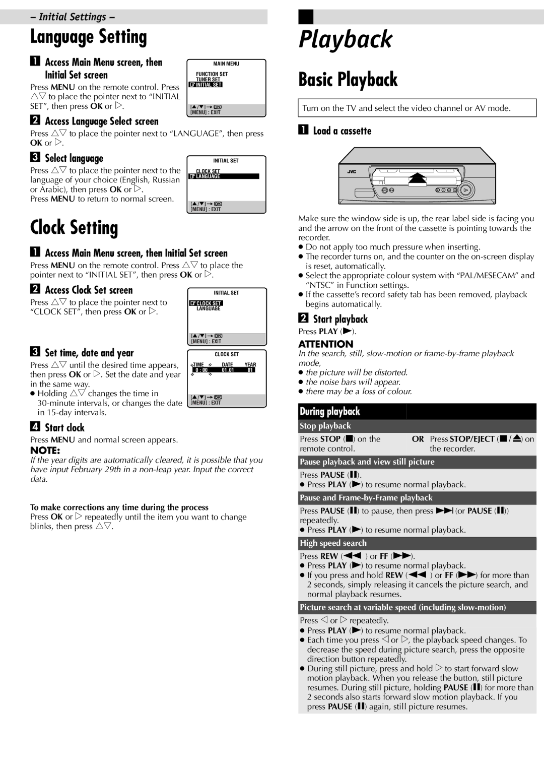 JVC LPT0592-001C, HR-J387EM, HR-J381EM manual Basic Playback, Clock Setting 