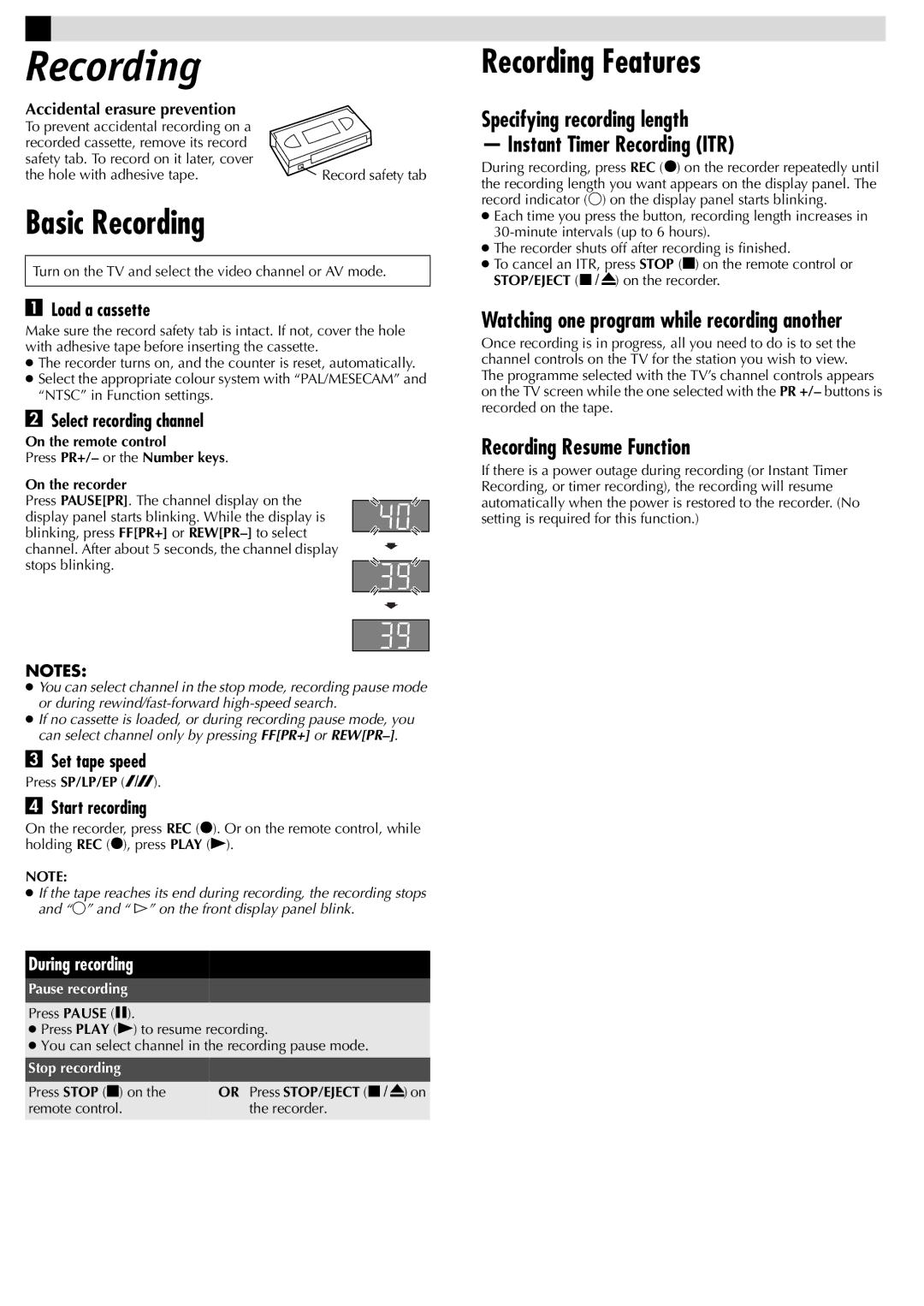 JVC HR-J381EM, HR-J387EM Basic Recording, Recording Features, Specifying recording length Instant Timer Recording ITR 