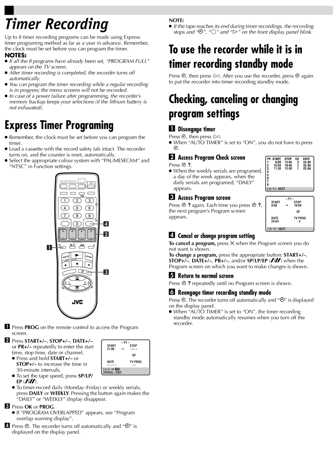 JVC LPT0592-001C, HR-J387EM, HR-J381EM manual Timer Recording, Express Timer Programing 