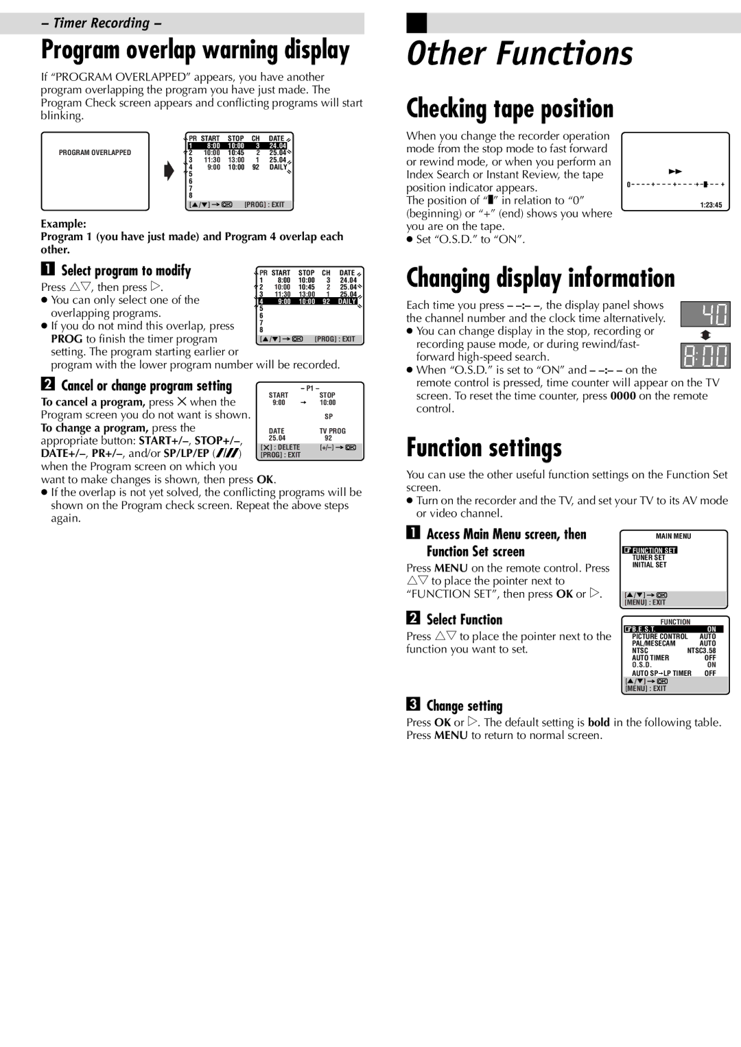 JVC HR-J387EM, HR-J381EM, LPT0592-001C manual Other Functions, Checking tape position, Function settings 