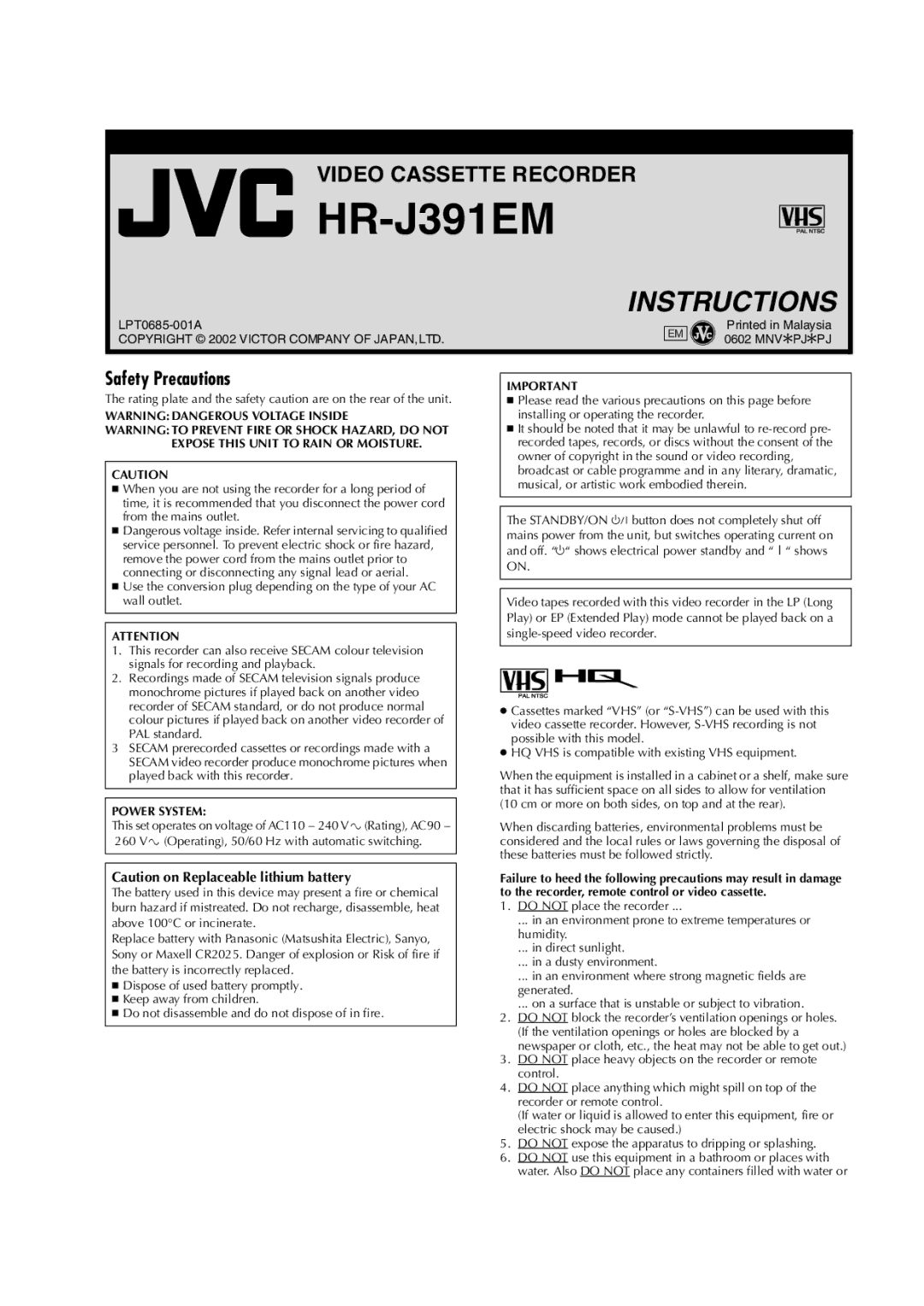 JVC LPT0685-001A manual HR-J391EM, Safety Precautions 