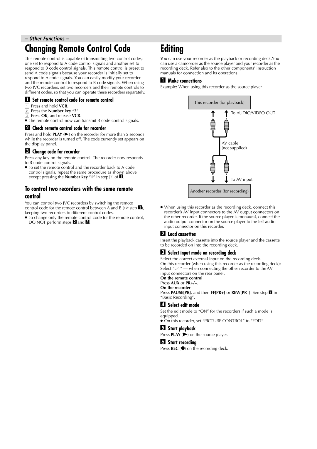 JVC HR-J391EM, LPT0685-001A manual Editing, To control two recorders with the same remote control 