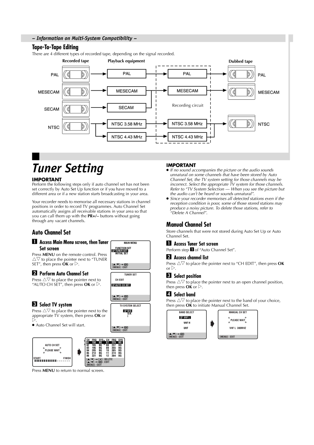 JVC HR-J391EM, LPT0685-001A manual Tuner Setting, Tape-To-Tape Editing, Auto Channel Set, Manual Channel Set 