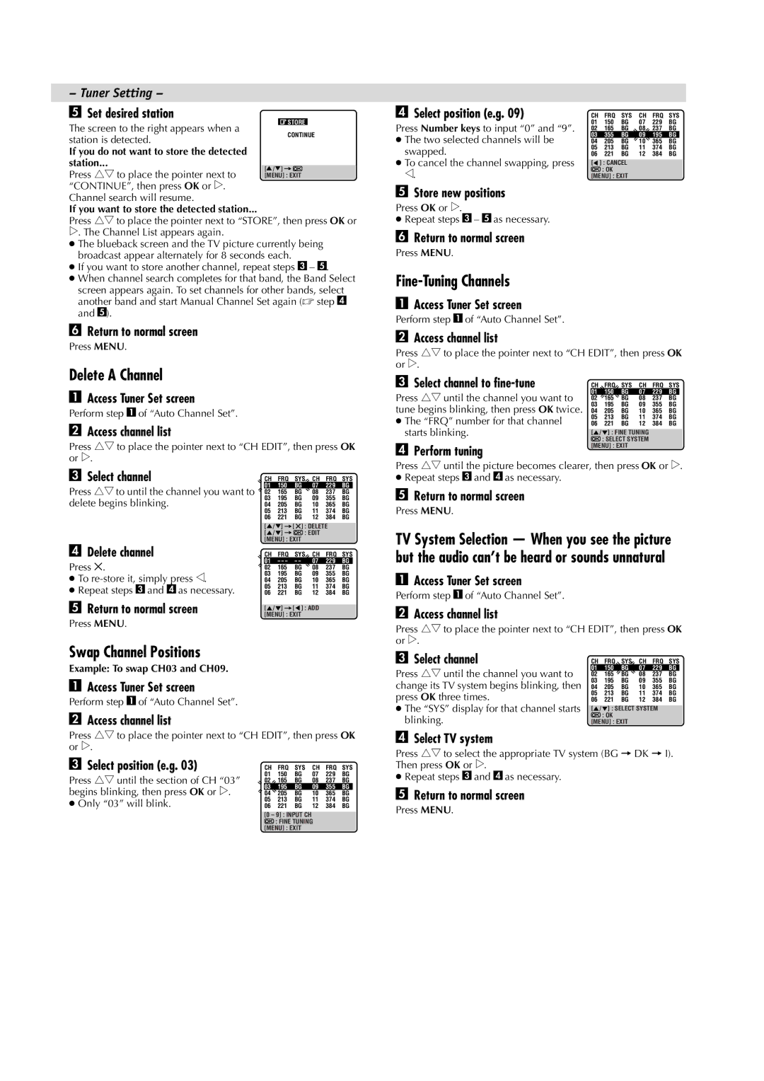 JVC LPT0685-001A, HR-J391EM manual Delete a Channel, Fine-Tuning Channels, Swap Channel Positions 