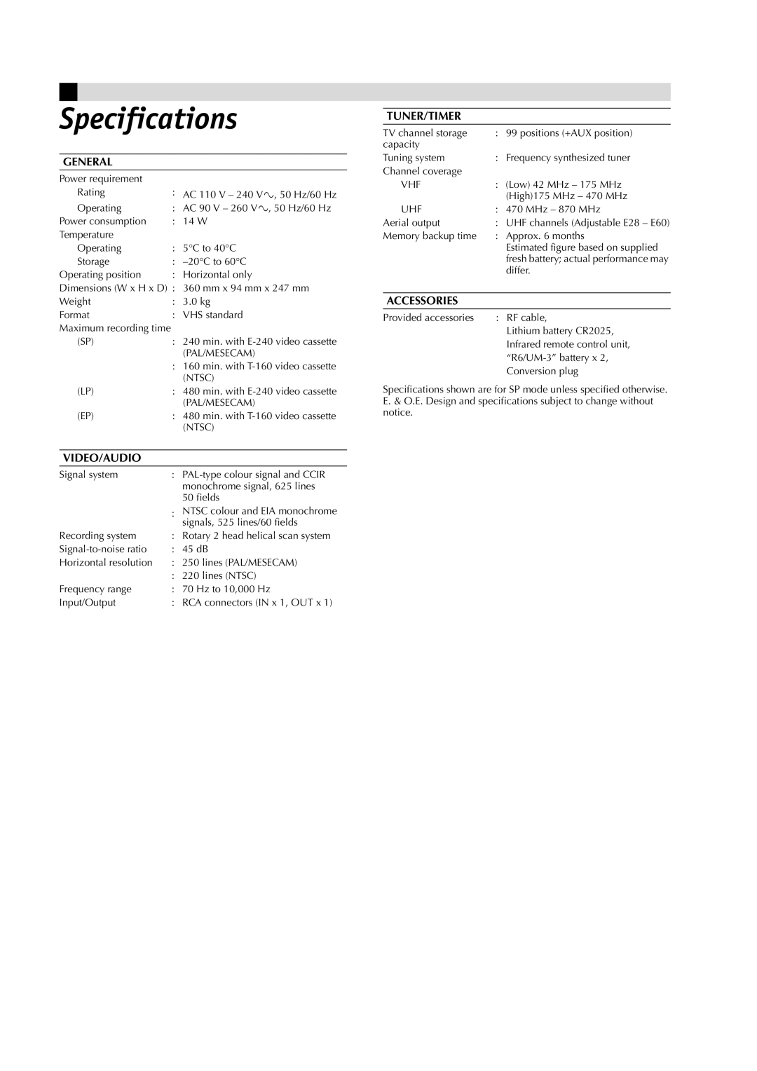 JVC HR-J391EM, LPT0685-001A manual Specifications 