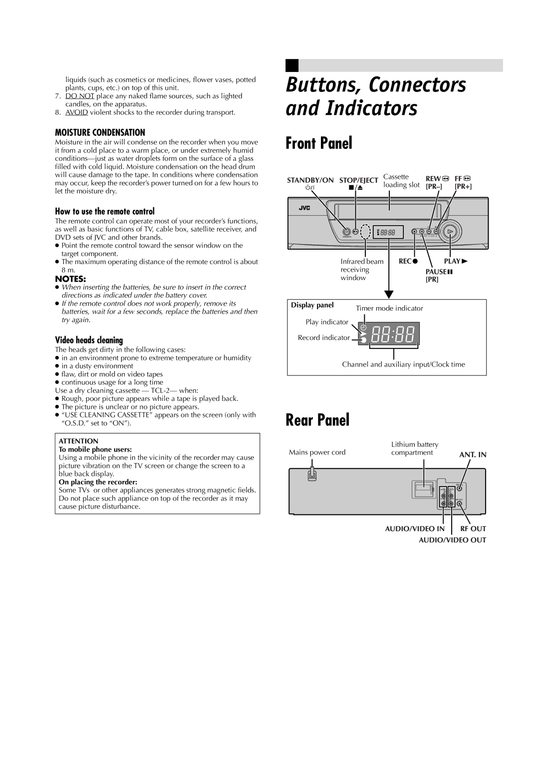 JVC HR-J391EM, LPT0685-001A manual Front Panel, Rear Panel, How to use the remote control, Video heads cleaning 