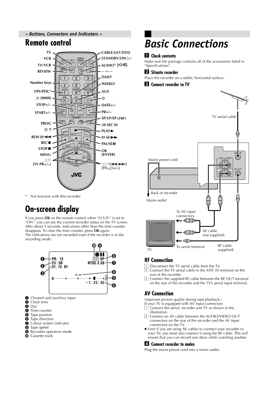 JVC LPT0685-001A, HR-J391EM manual Basic Connections, Remote control, On-screen display, RF Connection, AV Connection 