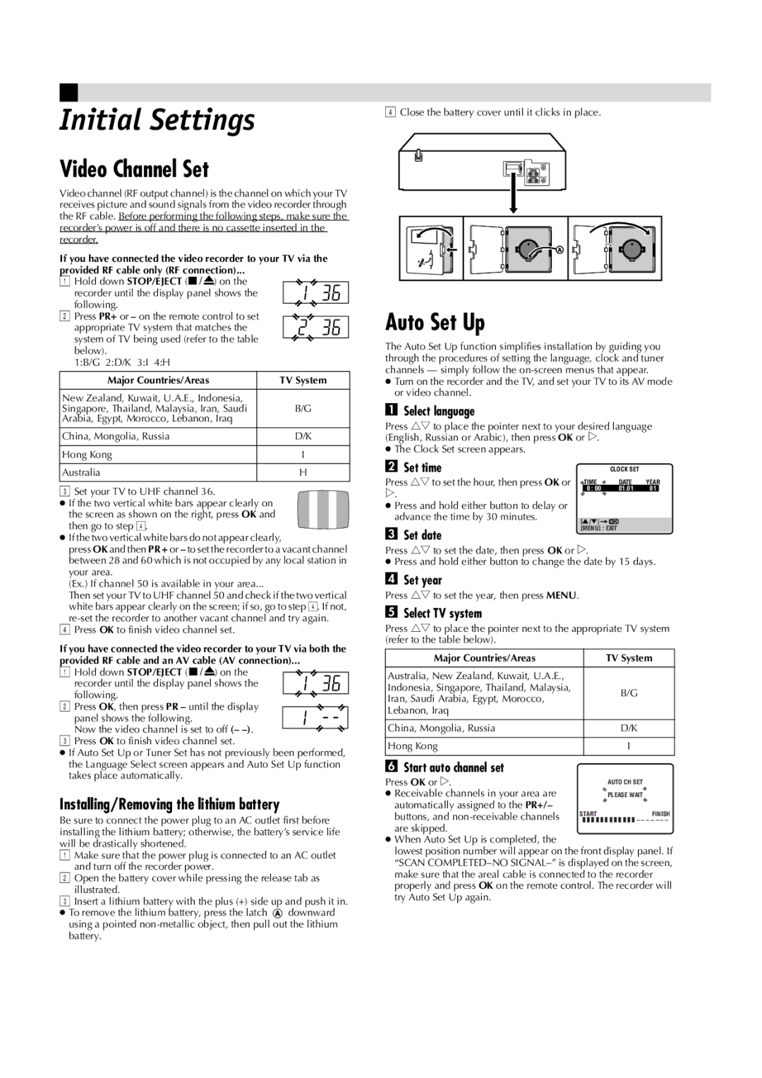 JVC HR-J391EM, LPT0685-001A manual Initial Settings, Video Channel Set, Auto Set Up, Installing/Removing the lithium battery 