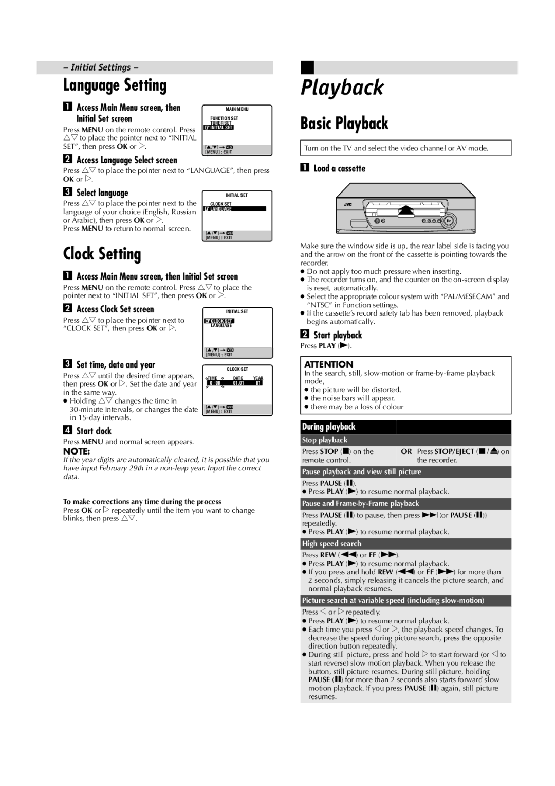 JVC LPT0685-001A, HR-J391EM manual Basic Playback, Clock Setting 