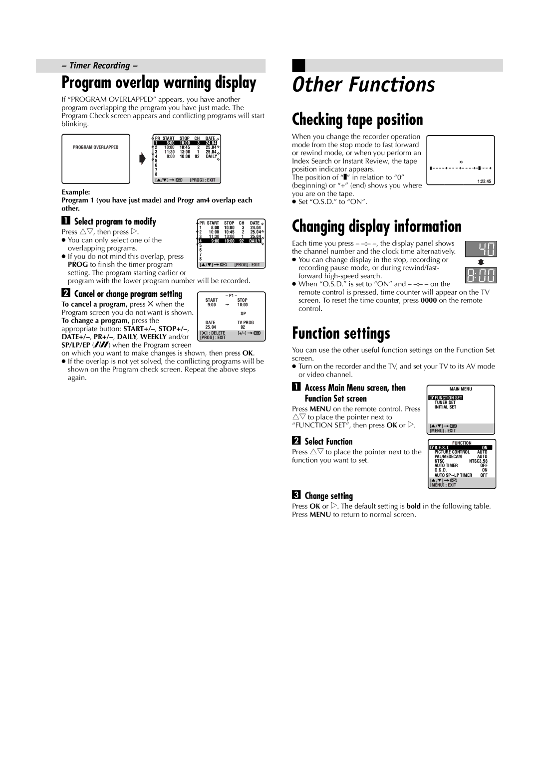 JVC LPT0685-001A, HR-J391EM manual Other Functions, Checking tape position, Function settings 