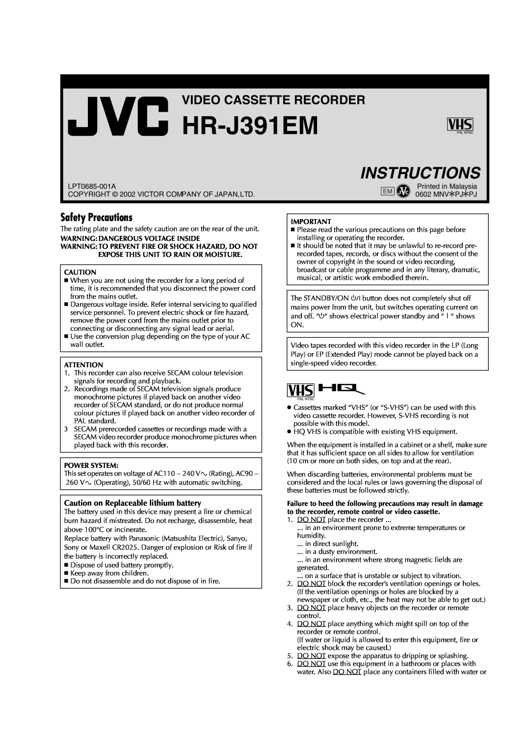 JVC LPT0685-001A manual Safety Precautions, Caution on Replaceable lithium battery, Warning Dangerous Voltage Inside 