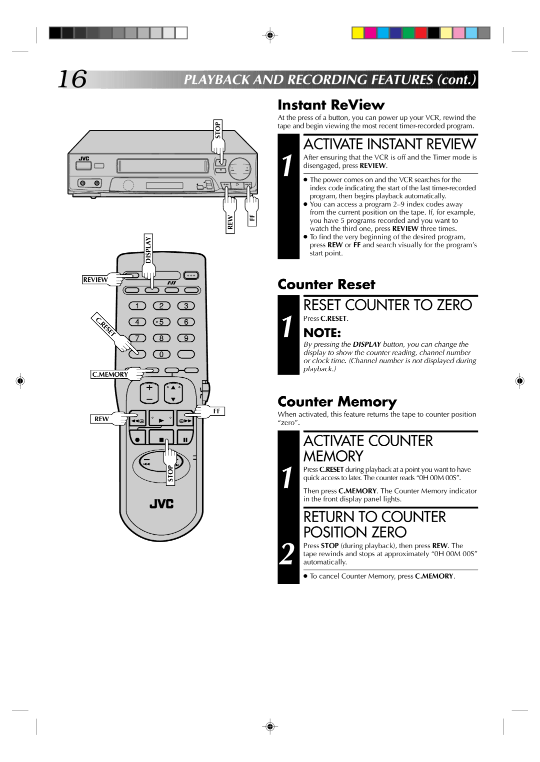 JVC HR-J4003UM manual Activate Instant Review, Activate Counter, Memory, Return to Counter Position Zero 