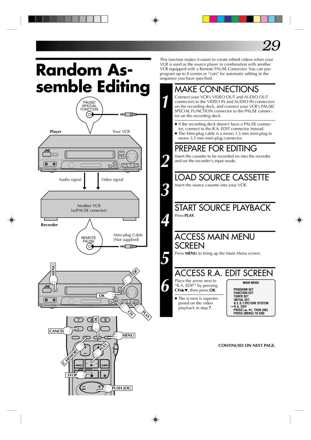 JVC HR-J4003UM manual Random As- semble Editing, Prepare for Editing 