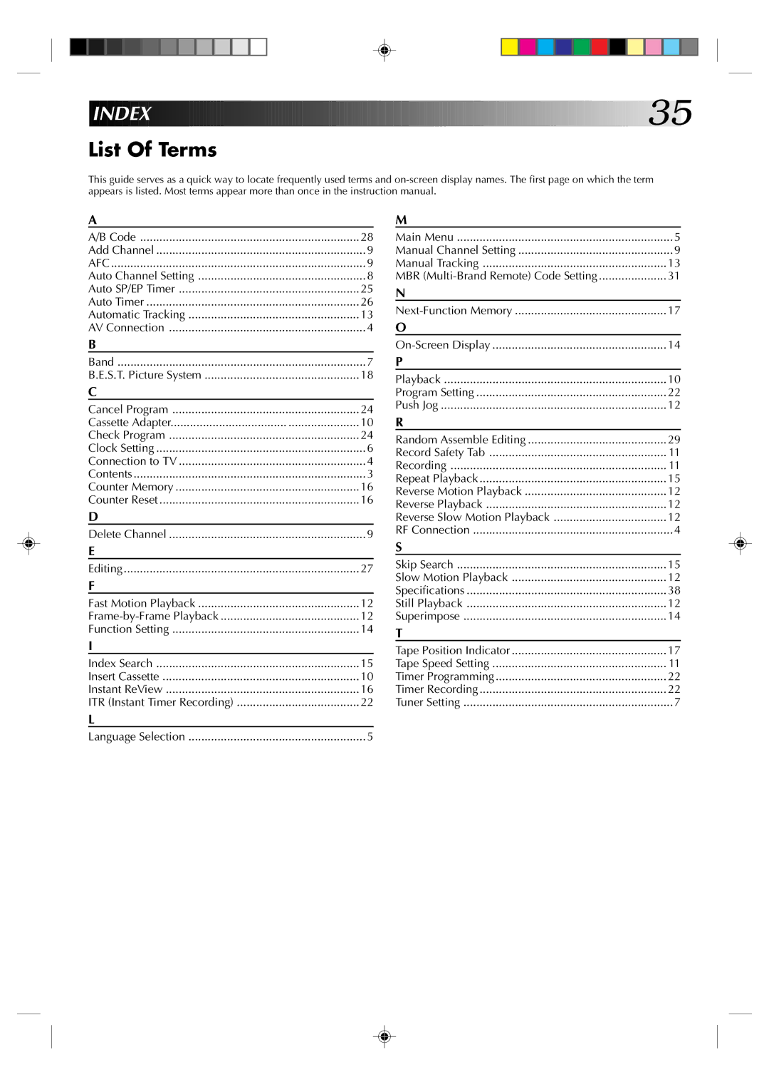 JVC HR-J4003UM manual List Of Terms, MBR Multi-Brand Remote Code Setting 