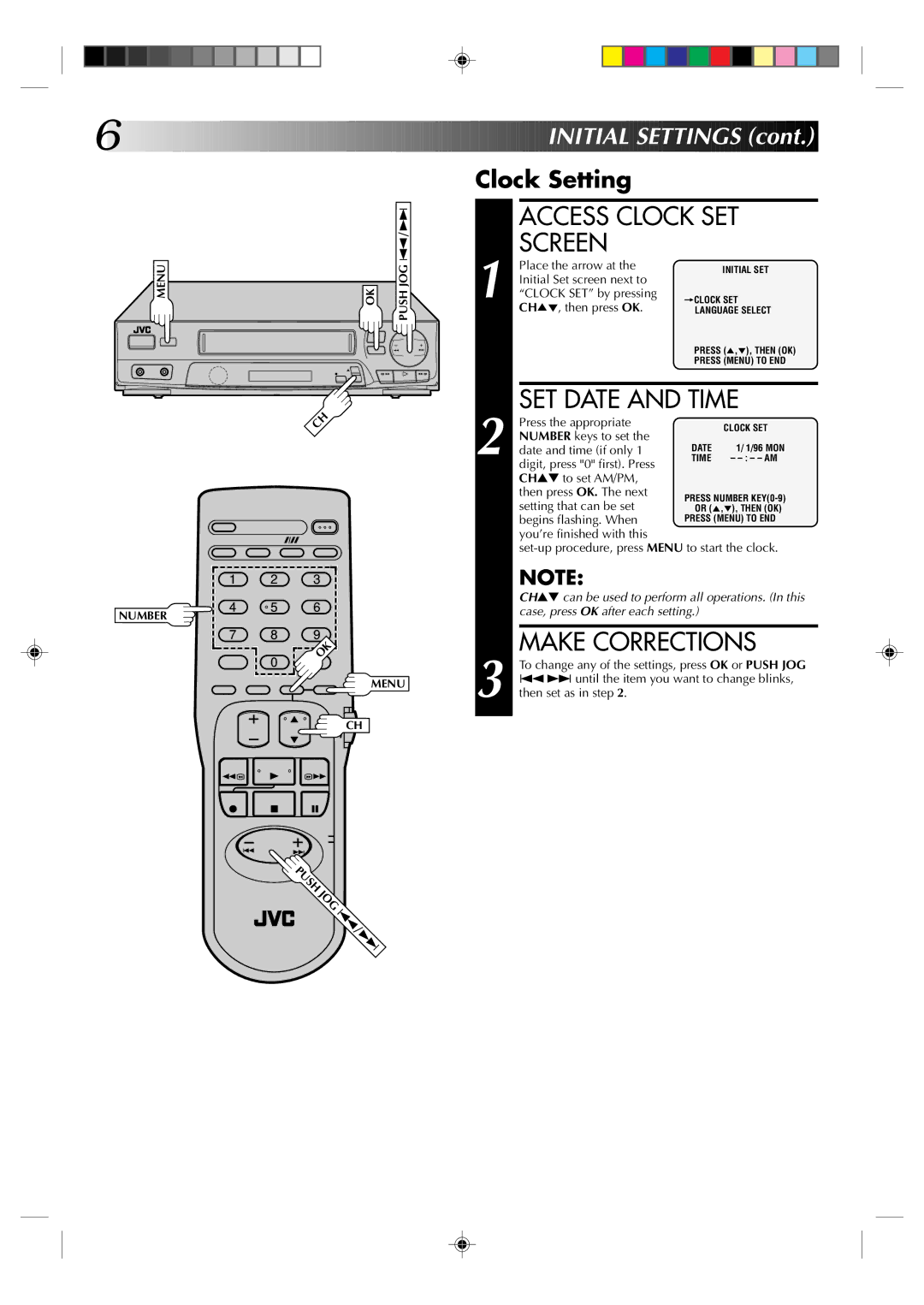 JVC HR-J4003UM manual Access Clock SET Screen, SET Date and Time, Make Corrections, Clock Setting 