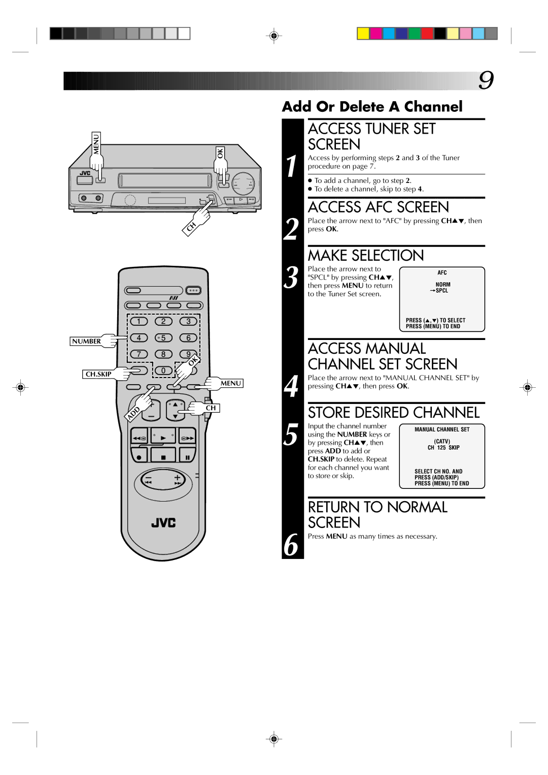 JVC HR-J4003UM manual Access Tuner SET Screen, Access AFC Screen, Access Manual, Channel SET Screen, Return to Normal 