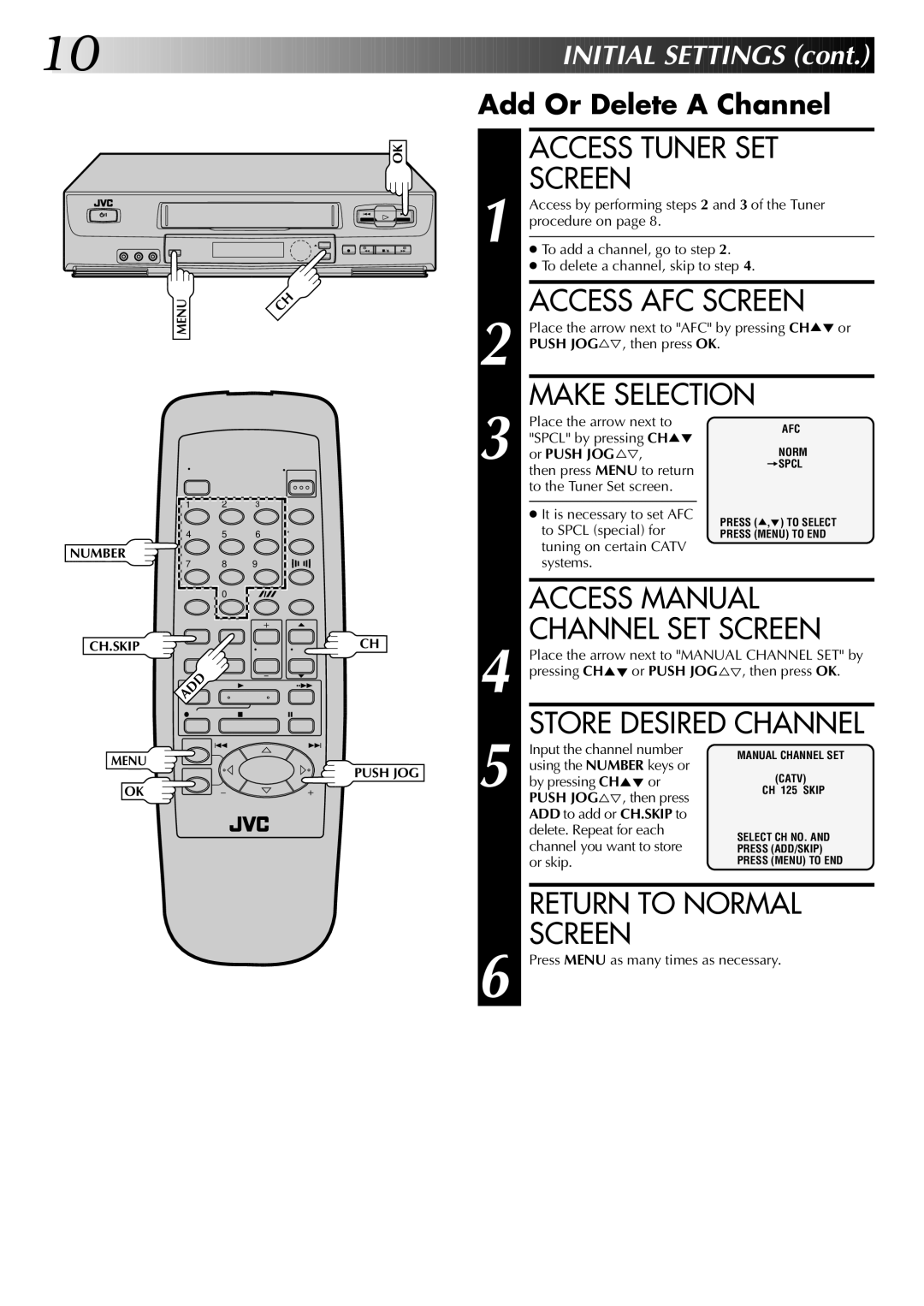 JVC HR-J4004UM, HR-J6004UM Access AFC Screen, Make Selection, Access Manual, Channel SET Screen, Return to Normal 