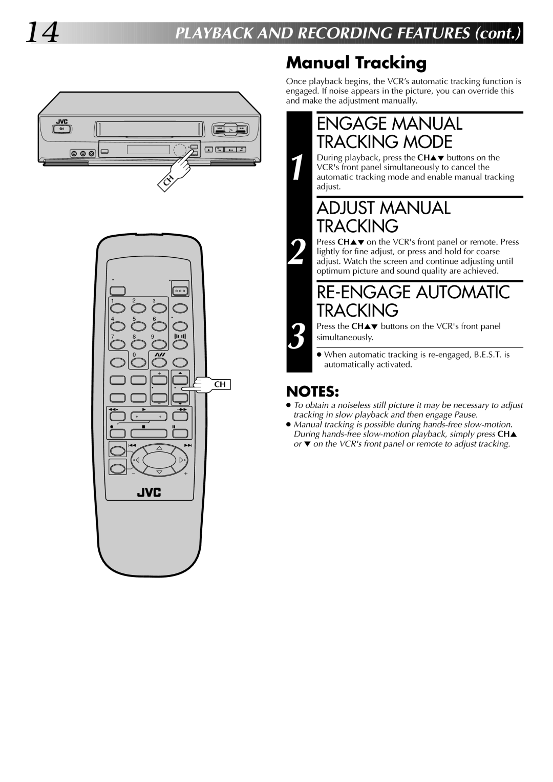 JVC HR-J4004UM, HR-J6004UM Engage Manual Tracking Mode, Adjust Manual Tracking, RE-ENGAGE Automatic Tracking 