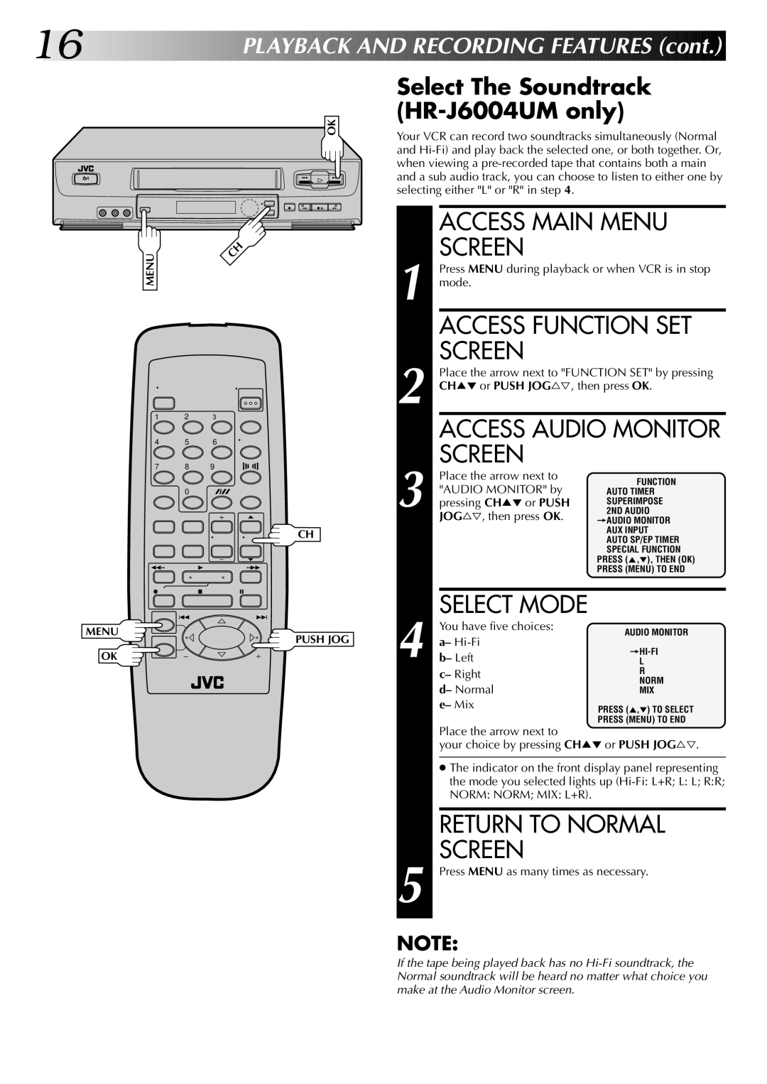 JVC HR-J4004UM instruction manual Access Function SET, Access Audio Monitor, Select The Soundtrack HR-J6004UM only, Mix 