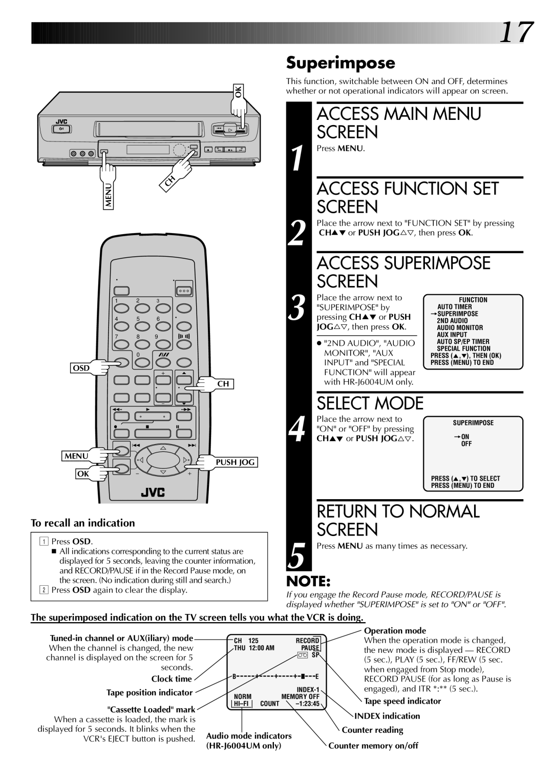 JVC HR-J6004UM, HR-J4004UM instruction manual Access Superimpose 