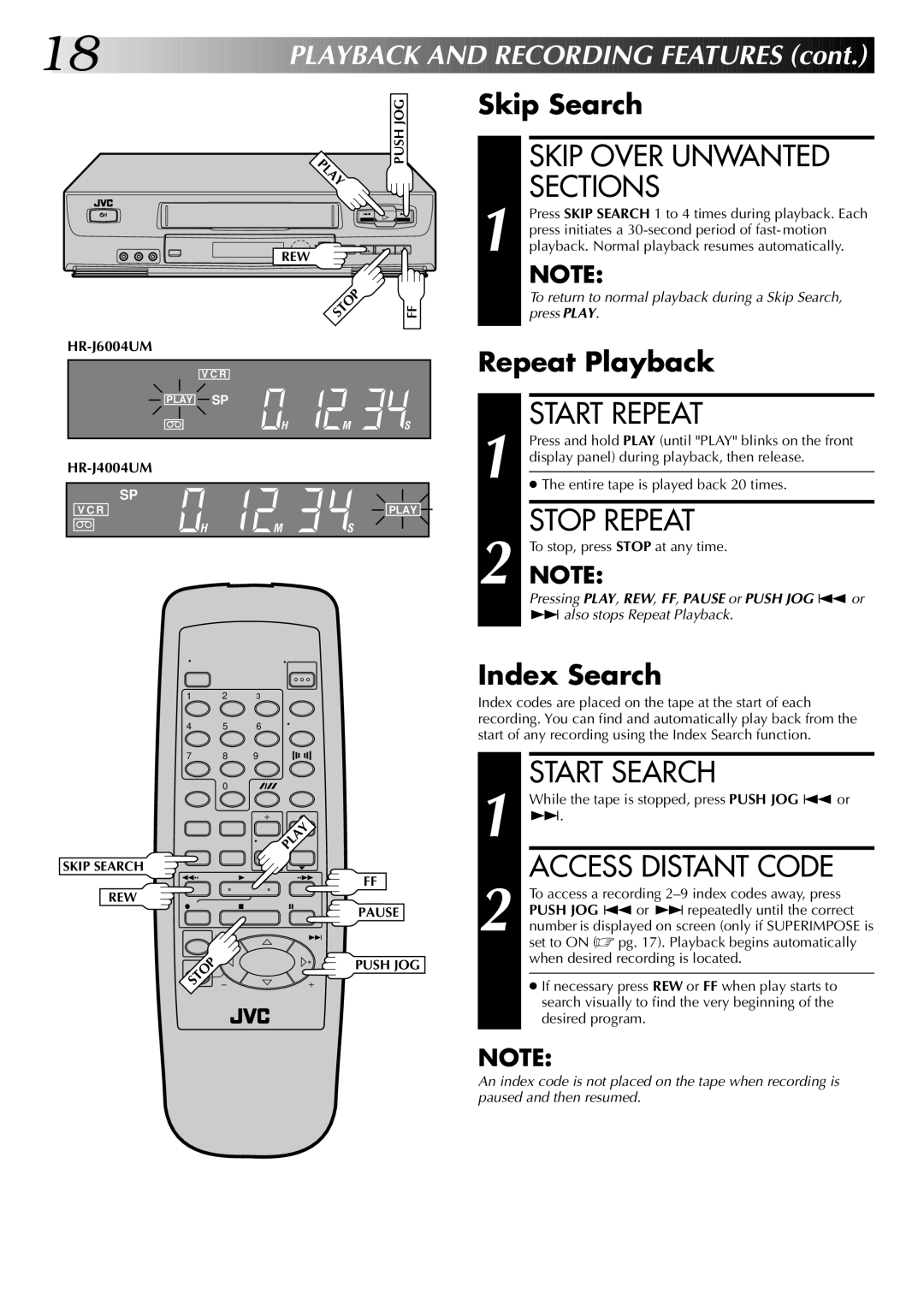 JVC HR-J4004UM, HR-J6004UM Skip Over Unwanted Sections, Start Repeat, Stop Repeat, Start Search, Access Distant Code 