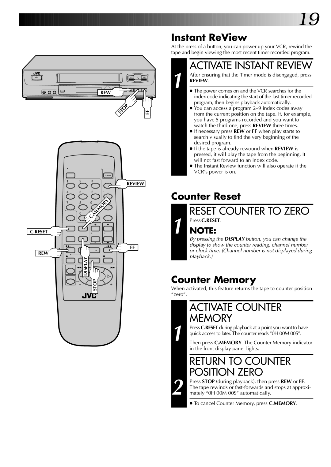 JVC HR-J6004UM, HR-J4004UM instruction manual Activate Counter, Memory, Return to Counter Position Zero 