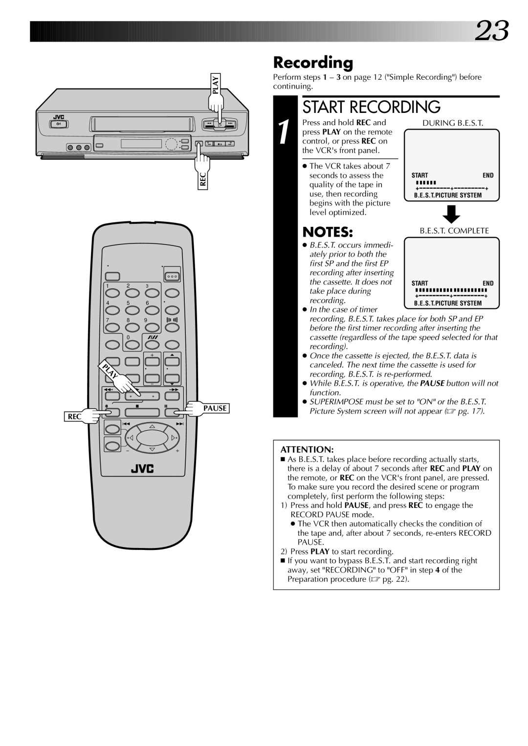 JVC HR-J6004UM, HR-J4004UM instruction manual Recording, Press and hold REC, Quality of the tape Use, then recording 