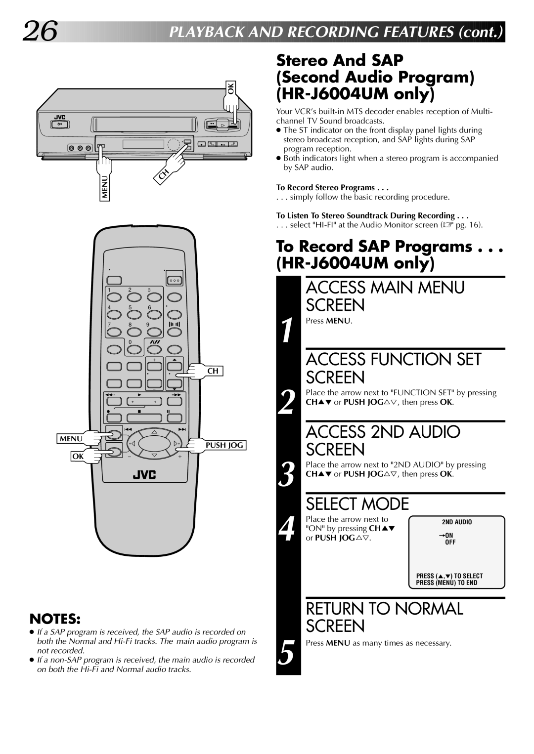 JVC HR-J4004UM Access 2ND Audio, Stereo And SAP Second Audio Program HR-J6004UM only, To Record Stereo Programs 