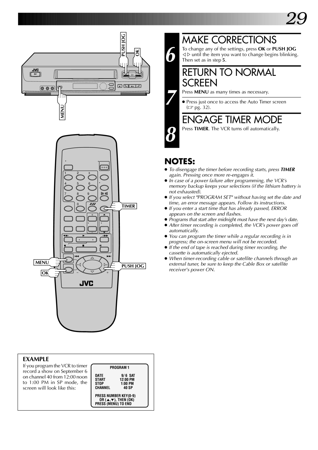 JVC HR-J6004UM, HR-J4004UM instruction manual Engage Timer Mode 