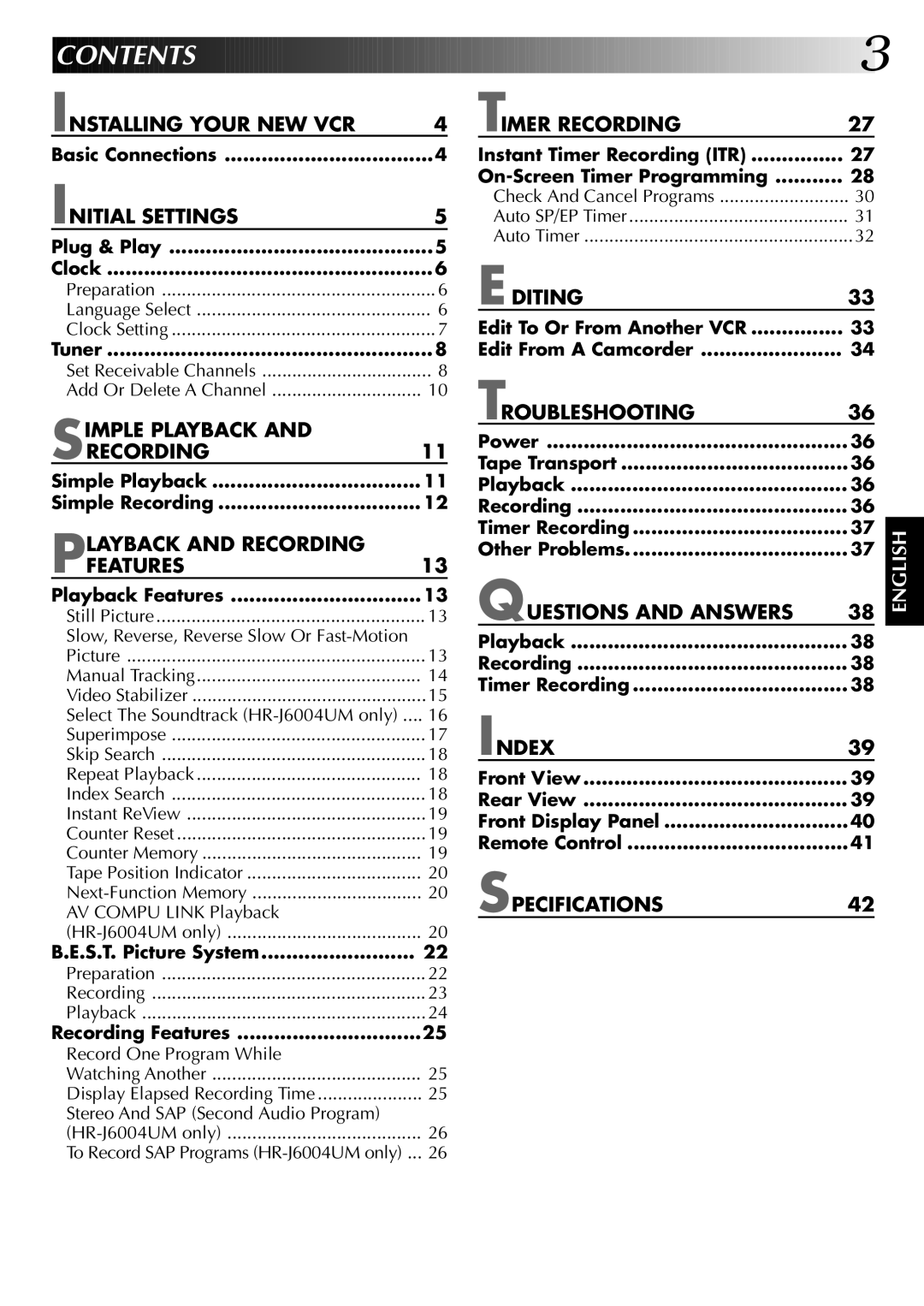 JVC HR-J6004UM, HR-J4004UM instruction manual Contents 