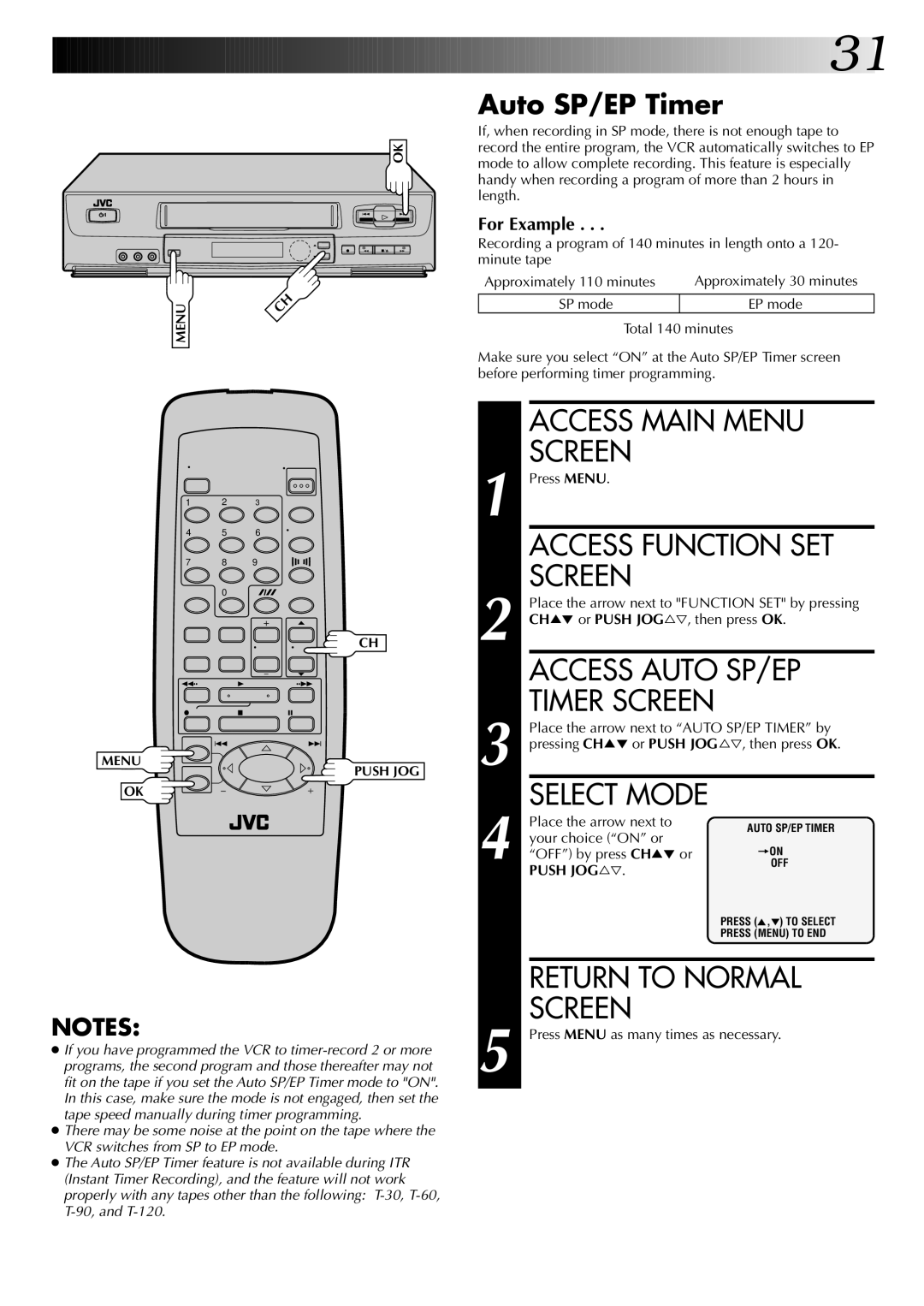 JVC HR-J6004UM, HR-J4004UM instruction manual Access Main Menu Screen, Auto SP/EP Timer, SP mode 