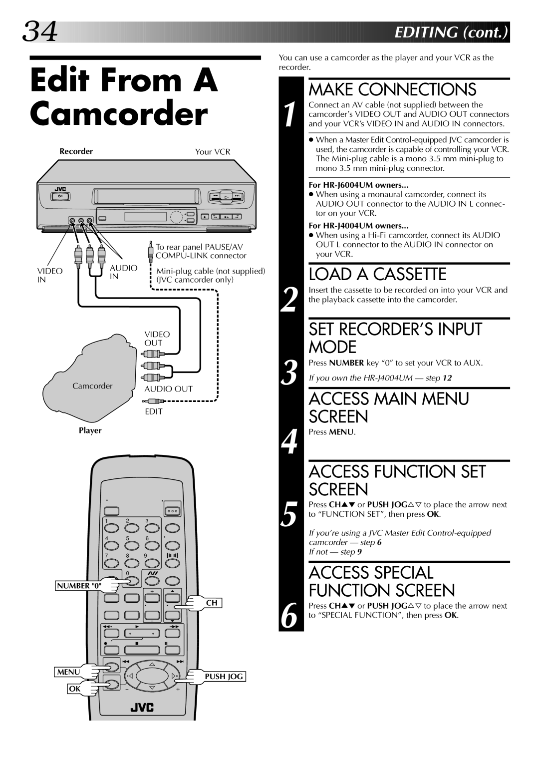 JVC HR-J4004UM, HR-J6004UM Edit From a Camcorder, SET RECORDER’S Input, Mode, Access Special, Function Screen 