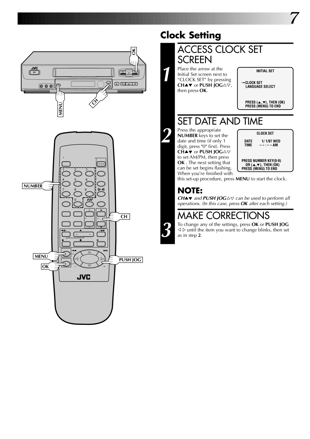 JVC HR-J6004UM, HR-J4004UM Access Clock SET, SET Date and Time, Make Corrections, Clock Setting, CH 5 or Push JOG %Þ 