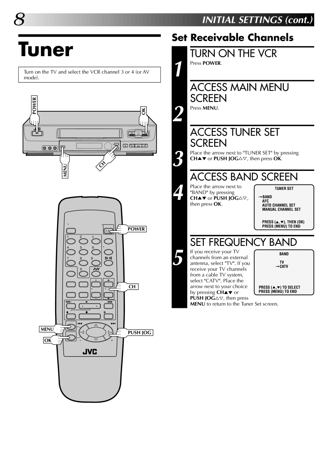 JVC HR-J4004UM, HR-J6004UM instruction manual Access Main Menu, Access Tuner SET, Access Band Screen, SET Frequency Band 