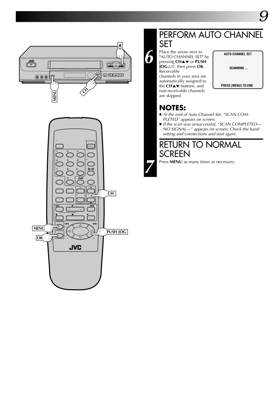 JVC HR-J6004UM, HR-J4004UM instruction manual Perform Auto Channel SET, Return to Normal Screen 