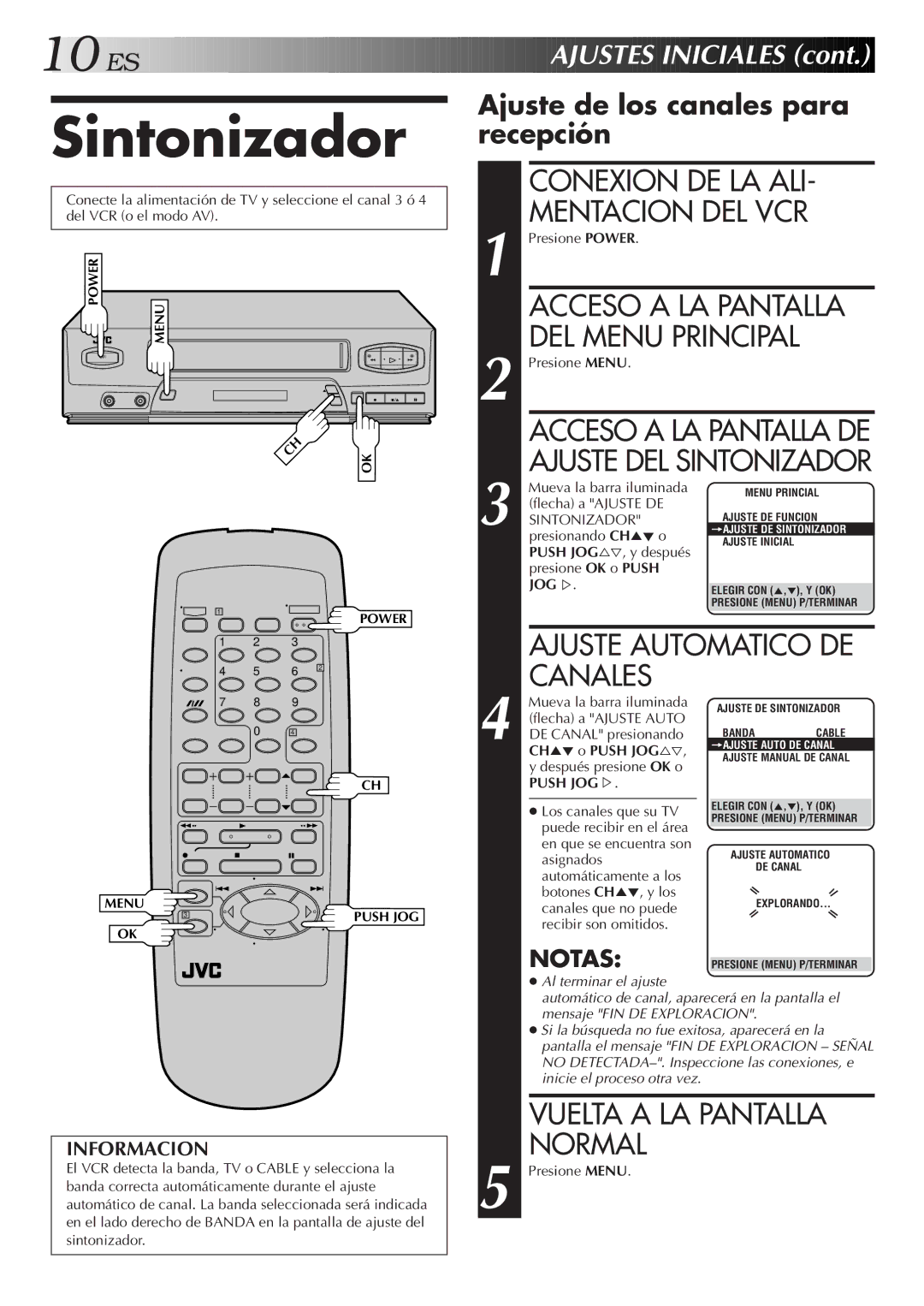 JVC HR-J4006UM manual Sintonizador, Ajuste de los canales para recepción, Informacion, CH5 o Push JOG%Þ 