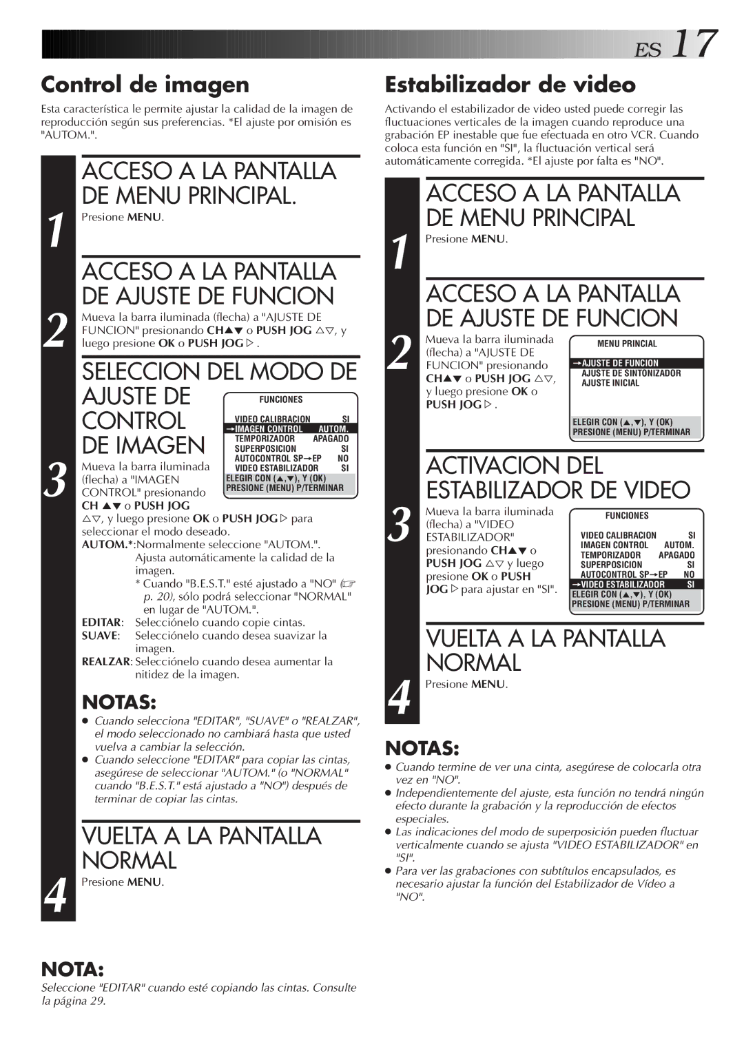 JVC HR-J4006UM manual Ajuste DE, Control, DE Imagen, Acceso a LA Pantalla DE Menu Principal, Activacion DEL 