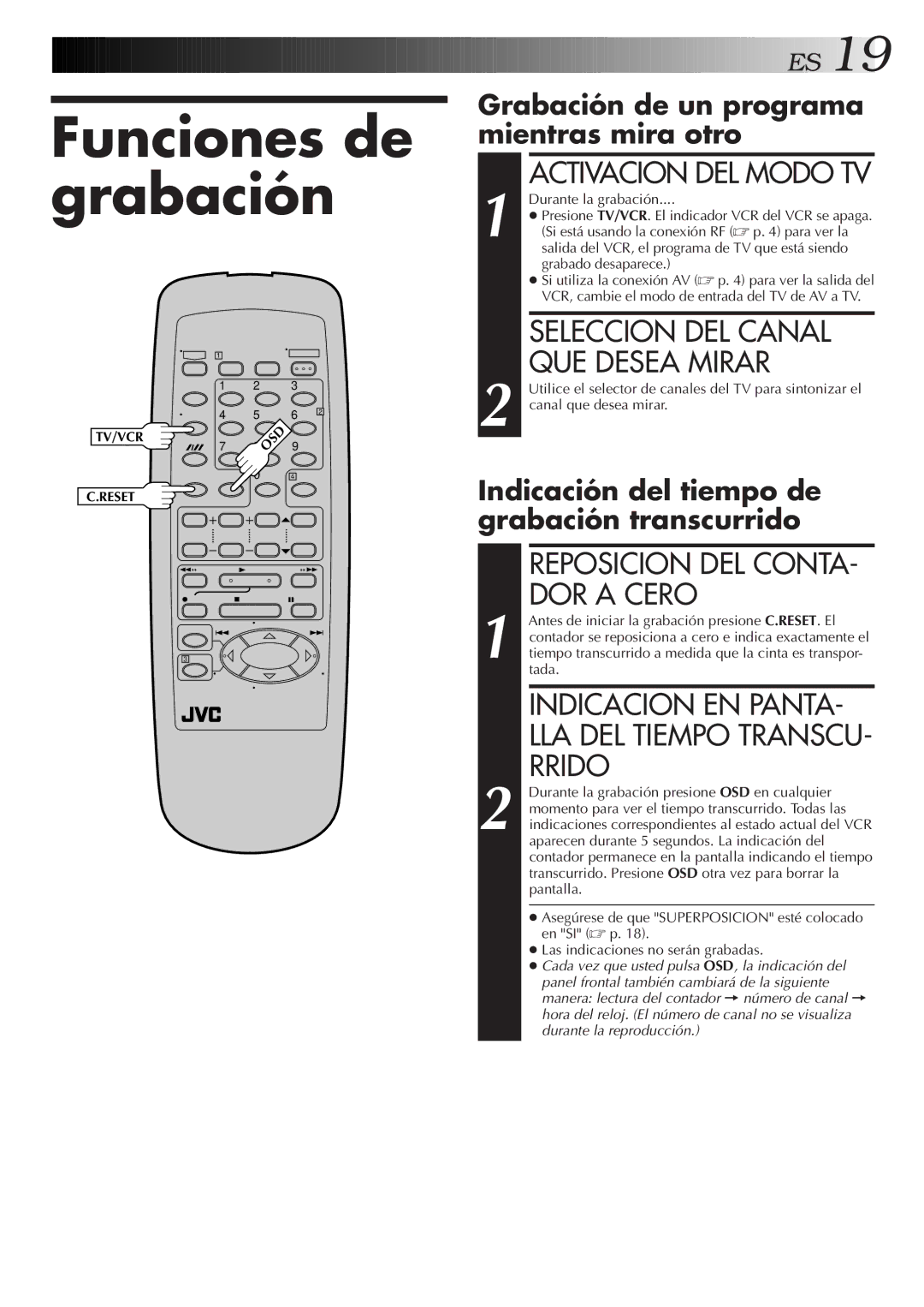 JVC HR-J4006UM manual Funciones de grabación, Seleccion DEL Canal QUE Desea Mirar, Reposicion DEL Conta DOR a Cero 