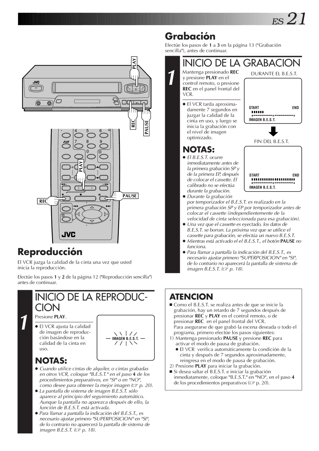 JVC HR-J4006UM manual Inicio DE LA Grabacion, Inicio DE LA REPRODUC- Cion, Grabación, Reproducción, Fin Del B.E.S.T 