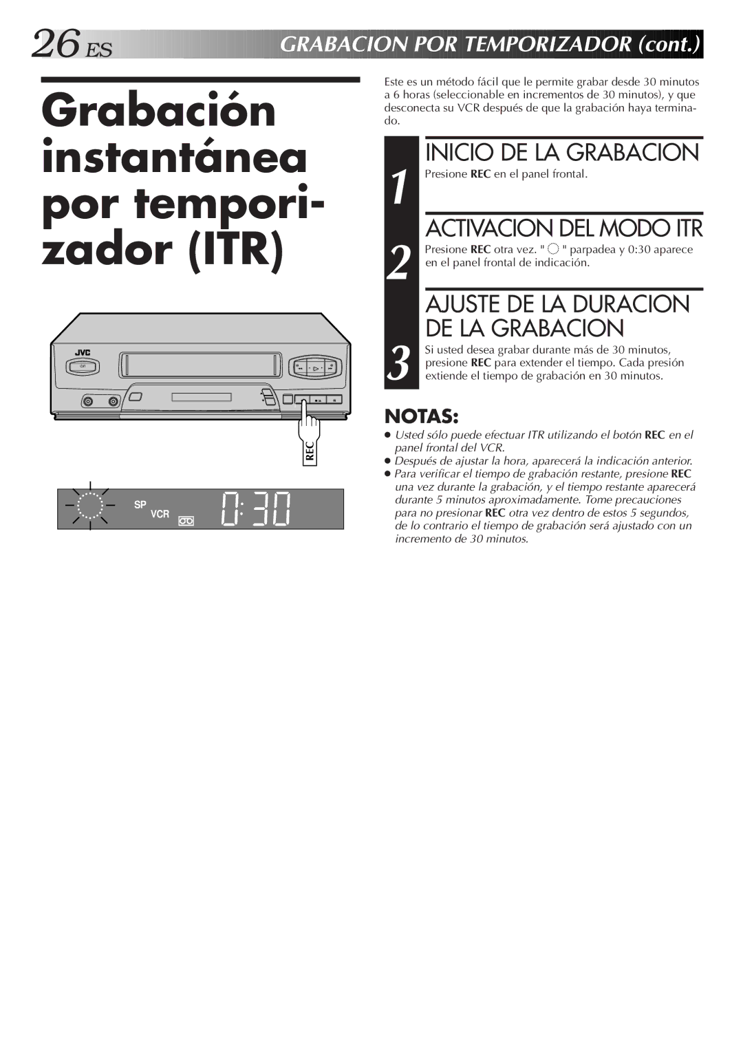 JVC HR-J4006UM Grabación Instantánea por tempori- zador ITR, Activacion DEL Modo ITR, Presione REC en el panel frontal 