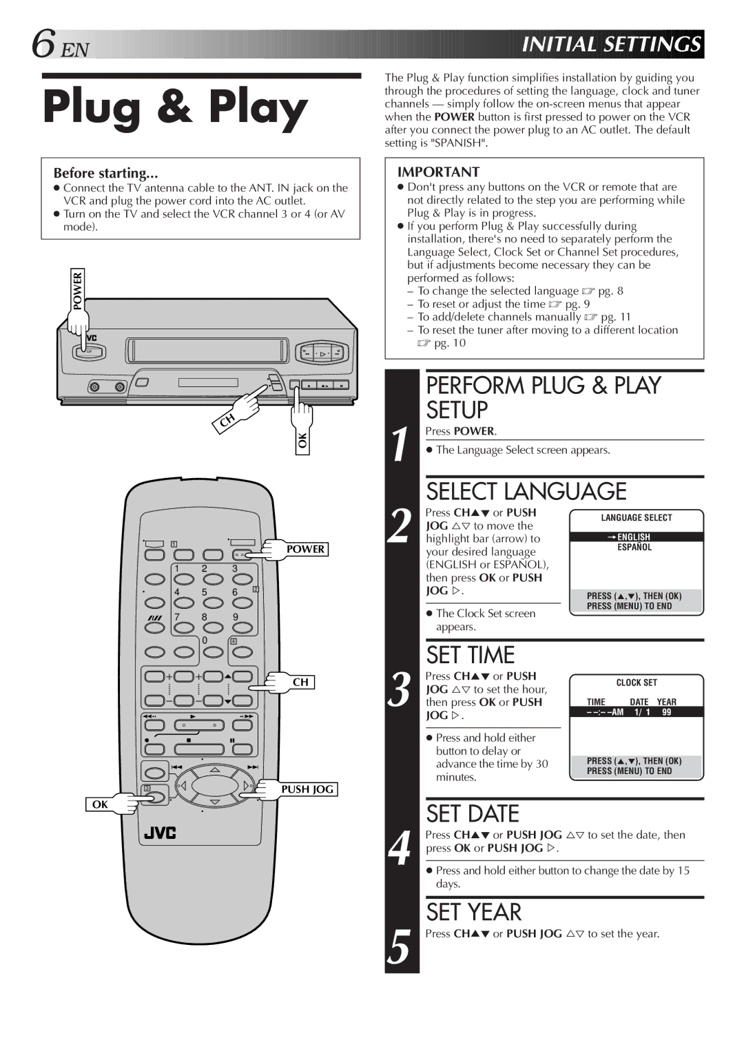 JVC HR-J4006UM manual SET Time, SET Date, SET Year, Advance the time by, Minutes 