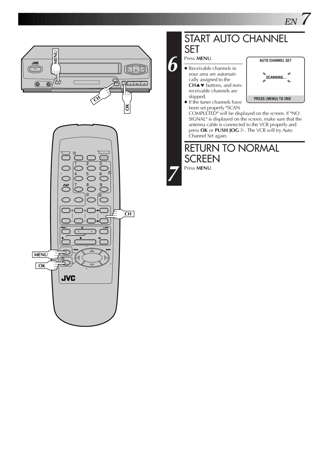 JVC HR-J4006UM manual Start Auto Channel, Set, Return to Normal, Screen 