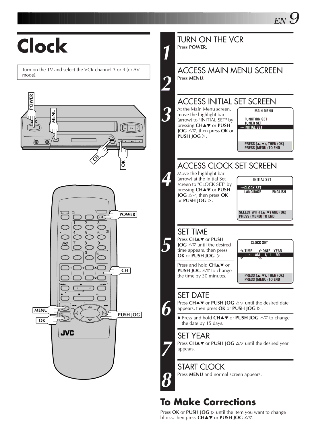 JVC HR-J4006UM manual Clock, To Make Corrections 