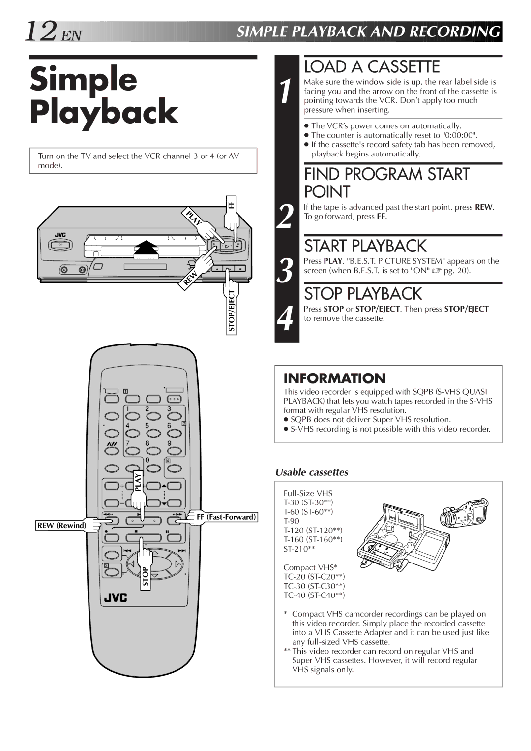 JVC HR-J4006UM manual Simple Playback, Load a Cassette, Find Program Start Point, Start Playback, Stop Playback 