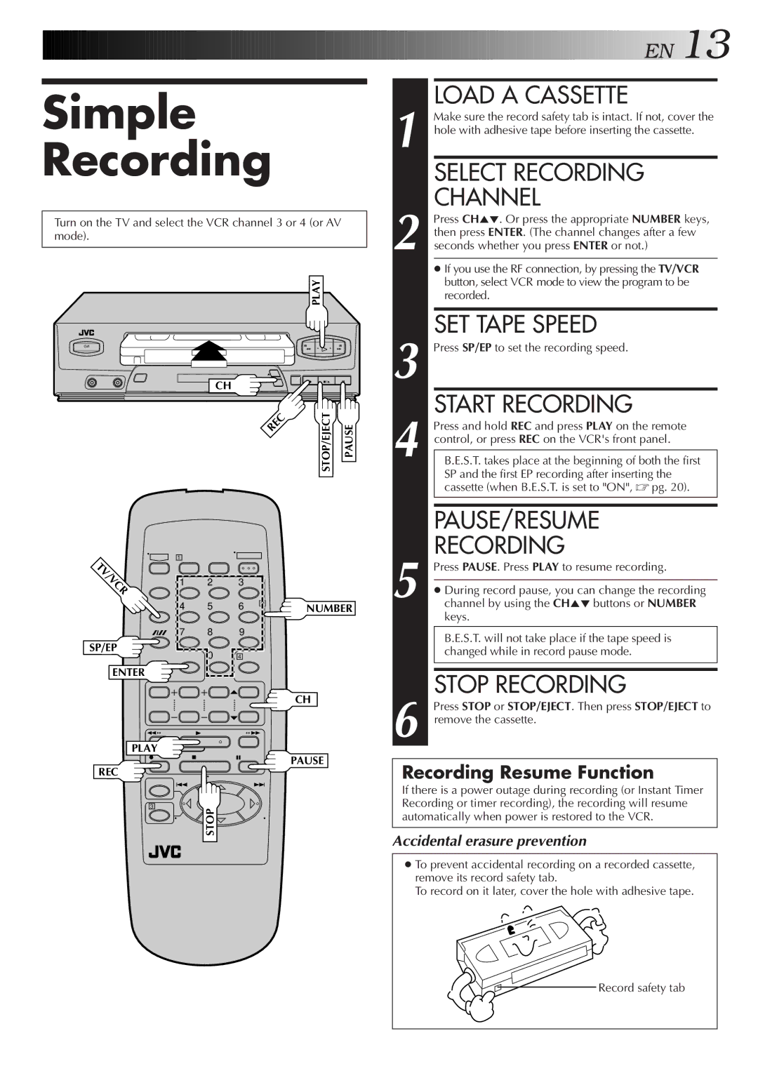 JVC HR-J4006UM manual Simple Recording 