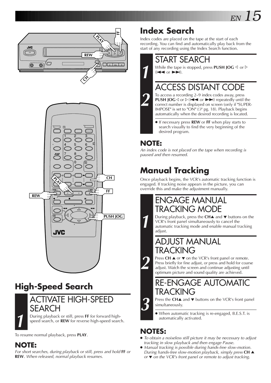 JVC HR-J4006UM manual Activate HIGH-SPEED Search, Start Search, Access Distant Code, Engage Manual Tracking Mode 