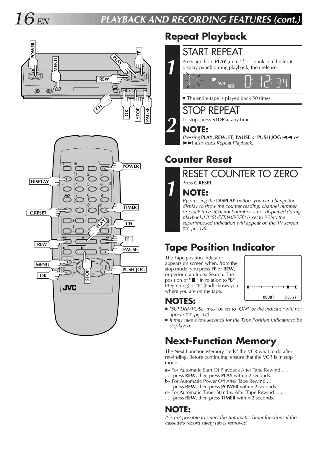 JVC HR-J4006UM manual Start Repeat, Stop Repeat, Layback and Recording Features 