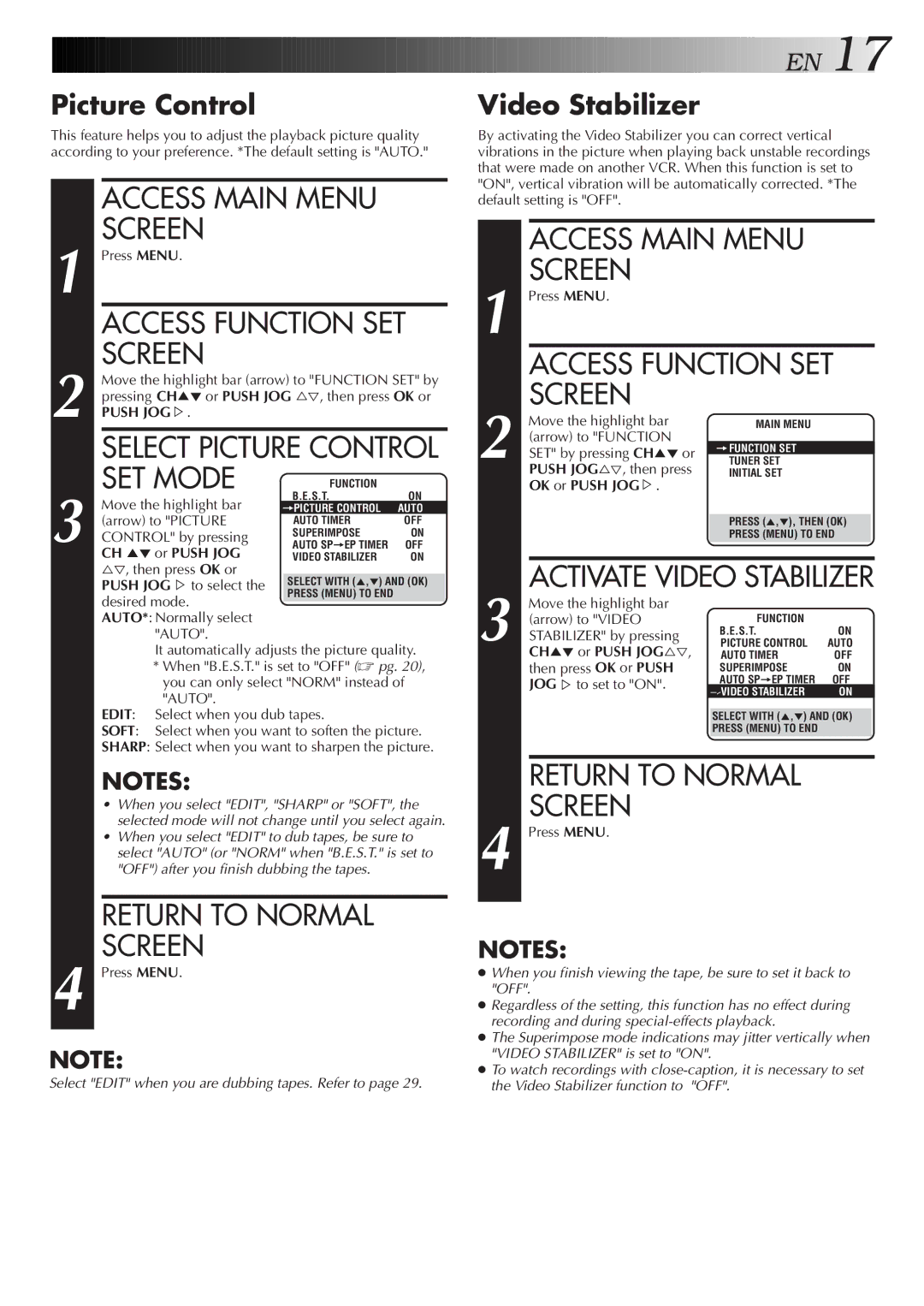 JVC HR-J4006UM manual Access Main Menu Screen, Access Function SET, SET Mode, Picture Control, Video Stabilizer 