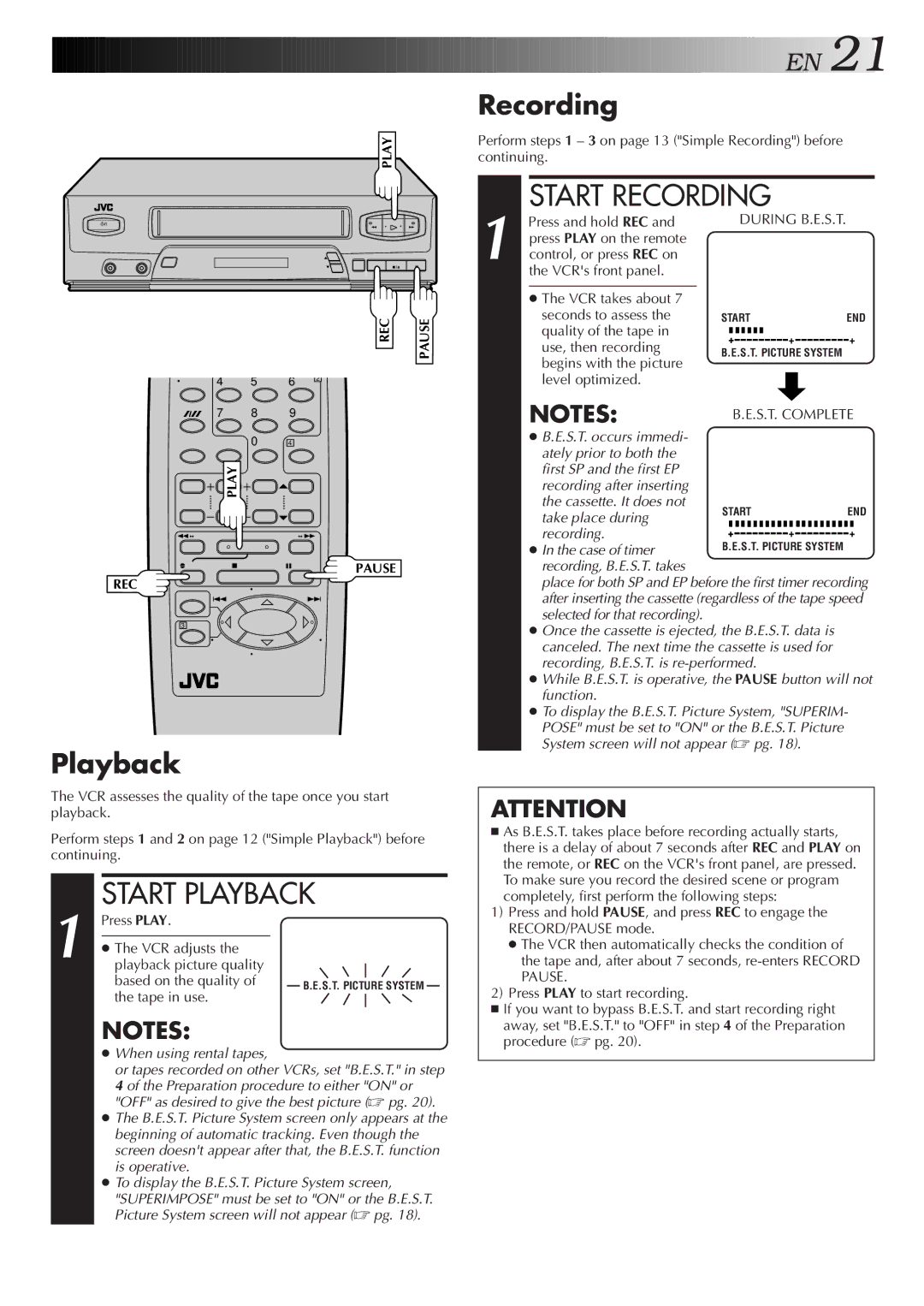 JVC HR-J4006UM manual Recording, Playback, During B.E.S.T, S.T. Complete 